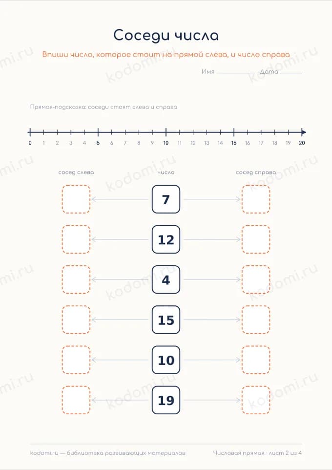 Числовая прямая до 20 — лист 2 из 4