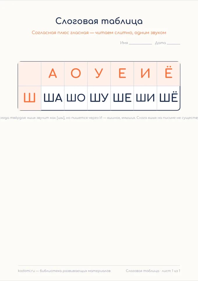 Слоги с Ш — лист 1